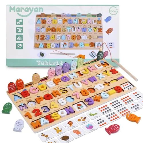 MARAYAN Montessori Kleinkinder Spielzeug auf Französisch ab 3 4 5 Jahre-angelspiel Holz-Puzzle zur Förderungvon Motorik und Koordination-Kinder Mathe Stapeln Anzahl-Zahlen und Buchstaben Lernen