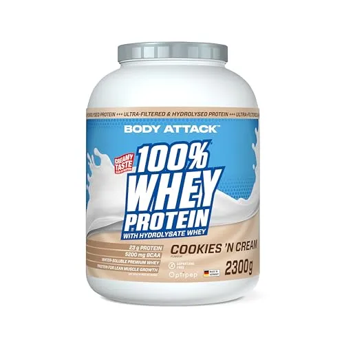 Body Attack 100% Whey Protein Cookies n Cream - 2300g - Sportnahrung mit 76 Portionen, enthält Optipep® für optimale Muskelregeneration und besticht mit leckerem Cookies n Cream Geschmack.