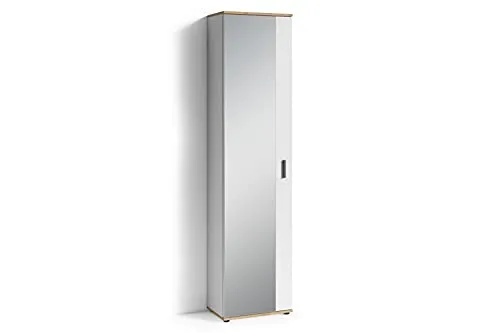 byLIVING Spiegel-Schrank Jakob/Eintüriger Hochschrank mit Spiegeltür/weiß - Artisan hell-braun/Griffe Silber-Farben/Tür rechts o. Links / 5 Fächer/Garderoben-Schrank/B 49, H 196, T 30 cm