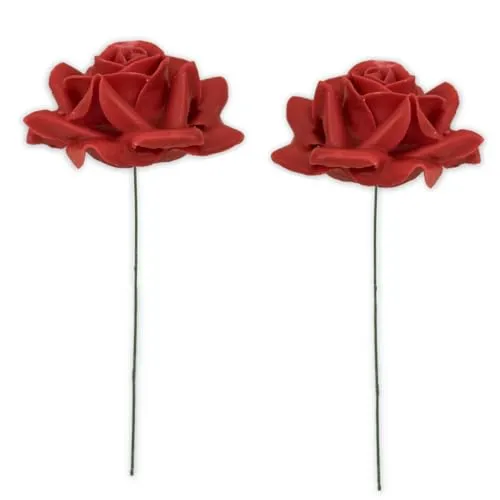 Kunstrosen-Blüten mit Stiel als künstliche Deko-Rosen aus Wachs - 2 rote Rosenblüten wie echt für Blumengestecke Blumen-Dekoration - Wachsrosen als Kunstrosen Friedhof Grabschmuck