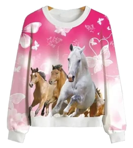Girls Fashion Mädchen Sweatshirt, Langarm Shirt, mit 3 Pferde Druck, Gr. 98-104, MS713.4