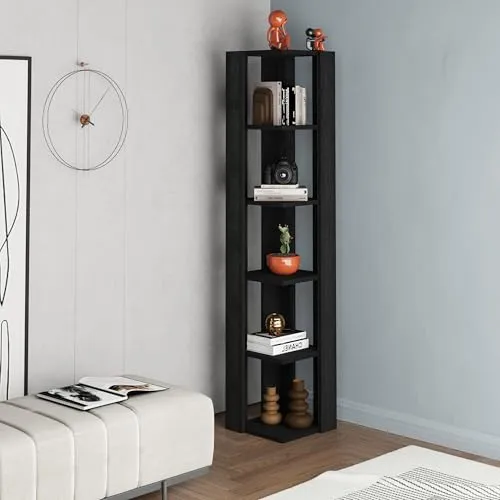 Hocuspicus Eck-Bücherregal mit 5 Etagen, viele Farboptionen, 161 x 34 x 34 cm, Wohnzimmermöbel, einfache Montage, Bücheraufbewahrung, Ausstellungseinheit (Schwarzes Holz)