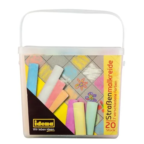 Idena 60042 - Straßenmalkreide in eckiger Box mit Henkel, 20 Stangen in 7 Farben, zum Bemalen von Asphalt, Pflaster oder Beton