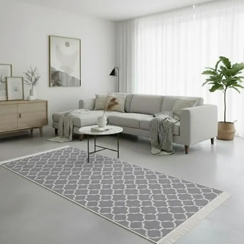 Fashion4Home Boho Teppich Läufer - Hellgrau-Weiß, 80x150 cm - Vielseitiger Wendeteppich für Wohnzimmer, Schlafzimmer und Flur. Beidseitig nutzbar mit handgeknüpften Fransen, umweltfreundlich und pflegeleicht.