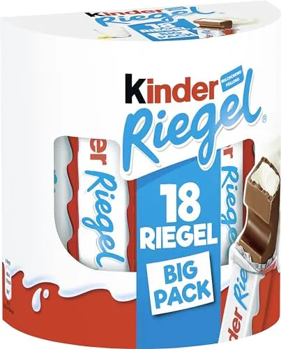 Kinder Riegel - 18 Einzelriegel, zartschmelzende Vollmilchschokolade - Schokoladenriegel mit reichhaltiger Milchcremefüllung, ohne Farb- und Konservierungsstoffe, ideal für den süßen Genuss zwischendurch.