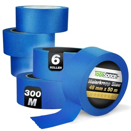 Papierklebeband 48mm/50m blau - 6 Stk. für präzises Malen - Malerzubehör: Blaues UV-Malerband, 48 mm/50 m, 6 Stück (300 m), hinterlässt keine Rückstände und ist leicht zu entfernen – ideal für professionelle Maler.