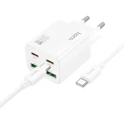 Hoco Ladegerät 30W USB-C + USB-A Netzteil | Schnellladegerät PD QC 3.0 | Handy Ladegerät weiss für iPhone & Samsung Smartphone Ladeadapter inkl... - Weiß