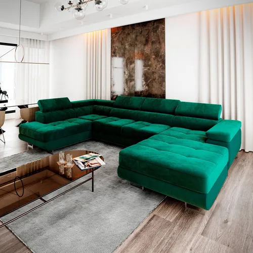 Masseno Ecksofa CASONE L-S mit Schlaffunktion - Grünes Wohnzimmersofa mit Bettkasten - Sofa mit Schlaffunktion und praktischem Stauraum, ideal für Gäste und elegantes Wohnen. Hochwertige Verarbeitung und flexibles Design für modernen Komfort.