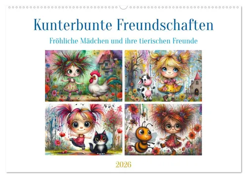 CALVENDO Wandkalender Kunterbunte Freundschaften - Fröhliche Mädchen und ihre tierischen Fre