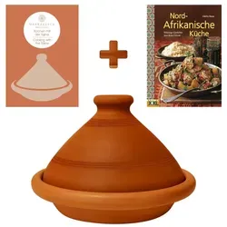Marrakesch Orient & Mediterran Interior Dampfgartopf 2er Set - Dampfgartopf Set mit marokkanischer Tajine (Ø 30cm) und Kochbuch zur nord-afrikanischen Küche. Handgetöpfert, 100% bleifrei, ideal für gesundes Garen mit vollem Aroma.