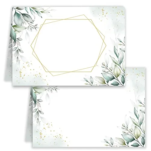 Tischkarten Namenskarten 25 Stück zum Beschriften Blanko Tischkärtchen Hochzeit Geburtstag Kommunion Konfirmation Firmung Taufe Feier Jubiläum vintage Weiß Grün Blätter mit Gold