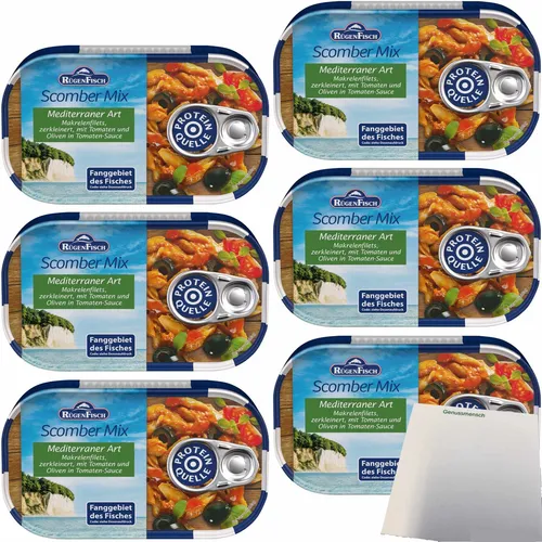 Rügenfisch Scomber Mix Mediterran Makrelenfilets mit Tomaten Oliven 6x120g Dose