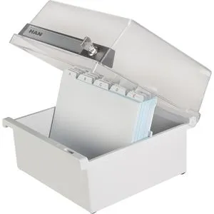 Han Karteikasten 965-s, A5, abschließbar, grau - Praktischer Karteikasten aus grauem Kunststoff für 800 A5-Karten, mit abnehmbarem Deckel und Schloss für sichere Aufbewahrung. Ideal für Ordnung und Platzersparnis.