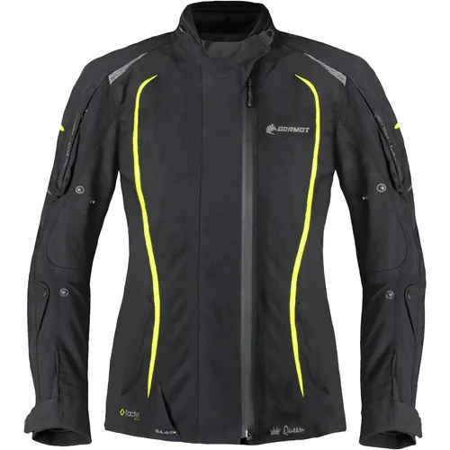 Germot MotoQueen Damen Motorrad Jacke wasserdicht 52 - schwarz-fluogelb - Motorradjacke für Damen, wasserdicht und atmungsaktiv mit herausnehmbaren Protektoren und Belüftung für optimalen Komfort bei allen Wetterbedingungen.