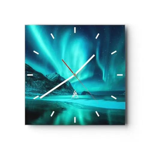 Modern Wanduhr Landschaft Nordpol Nordlichter 40x40cm Quadrat Groß Wand Uhr Glas Analog Zimmeruhren Küche Büro Wohnzimmer Glasuhr Wall Clock Dekoration Design Wanddekoration Küchenuhr C3AC40x40-5321
