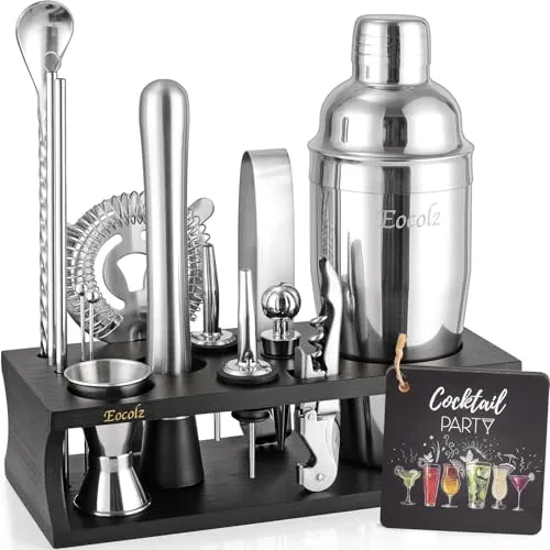 Cocktail Shaker Set mit Bambus Ständer & Rezeptbuch, Edelstahl 750ml Bar Cocktailset Cocktailshaker mit Bar Zubehör Werkzeug,17 Stück Cocktail Mix Set für Barkeeper Geschenk Frauen (Schwarz Silber)