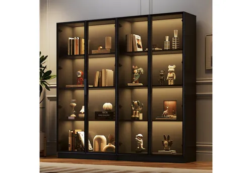 Merax Glasvitrine mit Glastüren inkl. LED (2-St) Hochschrank mit verstellbaren Einlegeböden,Bücherschrank,Standvitrine