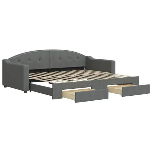 vidaXL Ausziehbares Tagesbett Dunkelgrau 90x200 cm - Klassisches Tagesbett mit Schubladen, das tagsüber als Sofa und nachts als bequemes Doppelbett dient – ideal für kleine Räume und Gästeunterkünfte.
