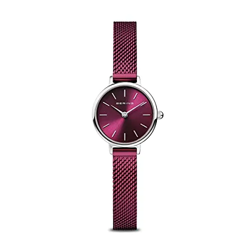 Bering Damen Analoguhr Classic Silber Dunkelrot 11022-909 - Stilvoll und Elegant - Damenuhren mit flachem Saphirglas und hochwertigem Edelstahlgehäuse. Das lila Milanaise-Armband verleiht der Uhr einen eleganten Touch, ideal für jeden Anlass.