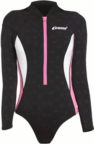 CRESSI Termico Long Sleeve Lady Swimsuit 2 mm - Damen Schwimmanzug Langärmelig , aus Stark Dehnbarem 2mm Ultraspan Double Lined Neoprene, Schwarz/Rosa/Weiß, M/3