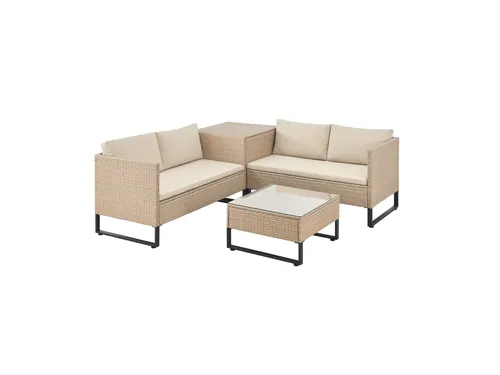 Juskys Polyrattan Lounge Santorini - Cremefarbene Outdoor Sitzecke - Gartenmöbel für 4 Personen, modular kombinierbar mit modernem Design und einer großzügigen Auflagenbox für zusätzlichen Stauraum.