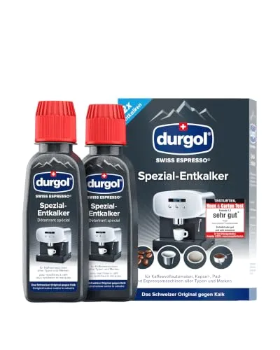 durgol swiss espresso Spezial-Entkalker – Kalkentferner für Kaffeemaschinen aller Typen und Arten – Einfache Reinigung ohne Einwirkzeit & Rückstände – Deutsche Version – 2x125ml