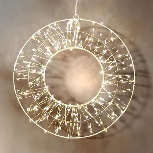LED Metall Kranz Weiß mit 200 Lichtern - 30 cm, stimmungsvolle Deko mit Timer für Außen, ideal für Haustür und Balkon