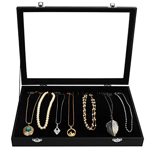 Schmuck Aufbewahrungssystem Schmuckkasten Schwarz - Eleganter Samt Schmuckkasten mit Glasdeckel, ideal für stilvolle Schmuckaufbewahrung und platzsparend.