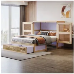 OKWISH Schrankbett Funktionsbett Holzbett (mit Rattan-Design und Stauraumschubladen, Vertikales Wandbett mit Lattenrost, Ideal für Jugendzimmer und kleine Apartments 140x200 cm) ohne Matratze