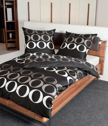 Janine Mako Satin Bettwäsche 135x200 - Kreise Grau Schwarz - 2-teilige Bettwäsche aus 100% Baumwolle, klimaneutral hergestellt und mit 100% recycelbarer Verpackung. Ideal für einen stilvollen Schlafkomfort in Grau und Schwarz.