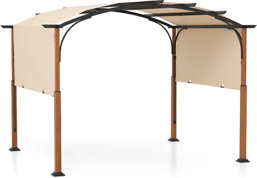 COSTWAY Pergola mit ausziehbarem Dach, 3,6x3m Pavillon wasserdicht stabil winterfest, Gartenpavillon mit robusten Metallsäulen Beige
