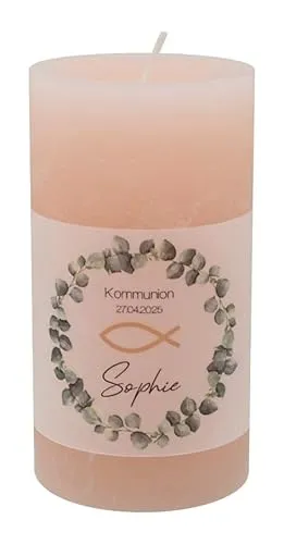 ZauberDeko Rustic Stumpenkerze Hellrosa Rosa Banderole Eukalyptus Fisch Gold PERSONALISIERT Tischdeko Kommunion Konfirmation Taufe Brenndauer ± 60h Ø 7cm H 13cm