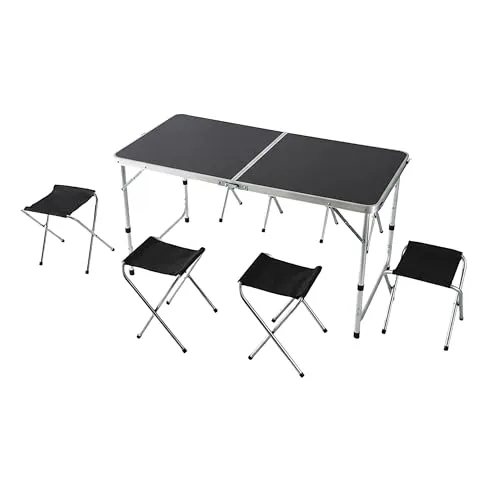 Relaxdays Campingtisch mit 4 Sitzhockern, klappbar und höhenverstellbar
