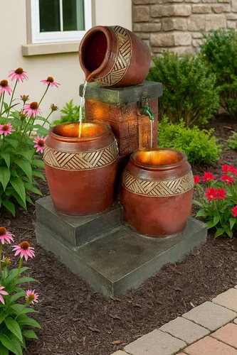 Springbrunnen Krüge mit LED-Beleuchtung - Klassischer Etagenbrunnen aus Harz mit LED-Hintergrundbeleuchtung für stimmungsvolle Akzente im Garten. Freistehend und ideal für Terrassen, sorgt er für entspannendes Plätschern.