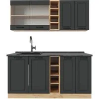 Vicco Küchenzeile R-Line, Anthrazit Landhaus - Moderne Küchenzeile in Anthrazit und Goldkraft Eiche, ideal für kleine Wohnungen. Flexibel erweiterbar dank modularem Aufbau und höhenverstellbaren Füßen für ergonomisches Arbeiten.