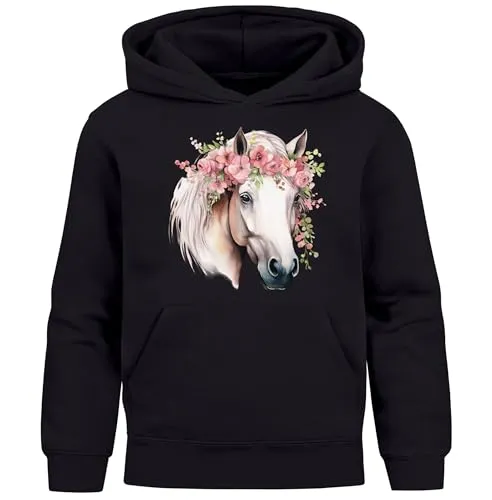 SpecialMe® Kinder Hoodie Mädchen Pferdekopf mit Blumen Mädchengeschenke Pferde Print Aufdruck schwarz 116