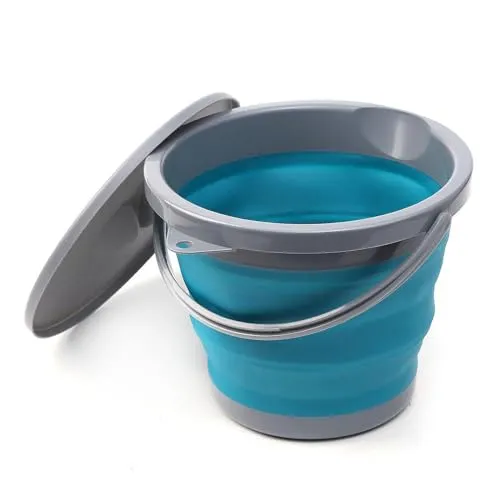 Faltbarer Eimer 5L, Falteimer Angeln Kleiner Eimer mit Deckel Blau Putzeimer Faltbar Silikon Angeleimer Tragbarer Wassereimer für Autowäsche Camping Angeln Reinigung