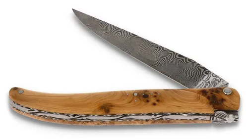 Laguiole en Aubrac Taschenmesser L0512GEH-FDBB1, Griff 12cm Wacholder - Platine verziert - Klinge Balbach Carbon Damast
