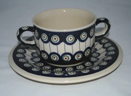 Original Bunzlauer Keramik Suppentasse mit Untertasse (Bouillonschüssel), 0,26 Liter im Dekor 8