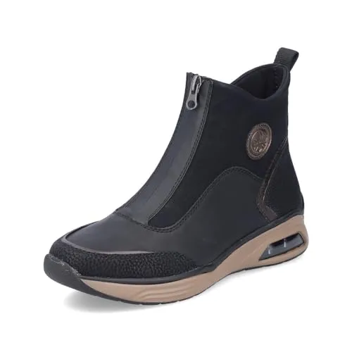Sportliche RIEKER Schlupfboots für Damen, Gr. 39, schwarz-bronze - Wanderschuhe aus Lederimitat mit komfortablem Keilabsatz (4 cm) und Anziehlasche. Ideal für aktive Frauen, die Stil und Bequemlichkeit schätzen.