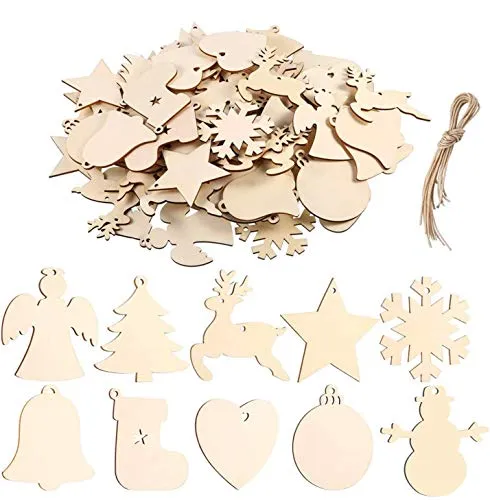 Weihnachten Holz Ornamente Holz Schneeflocke Engel Stern Weihnachtsbaum Runde Scheiben Dekorationen Hängende Verzierungen mit 50 Stück String(50 Stück)