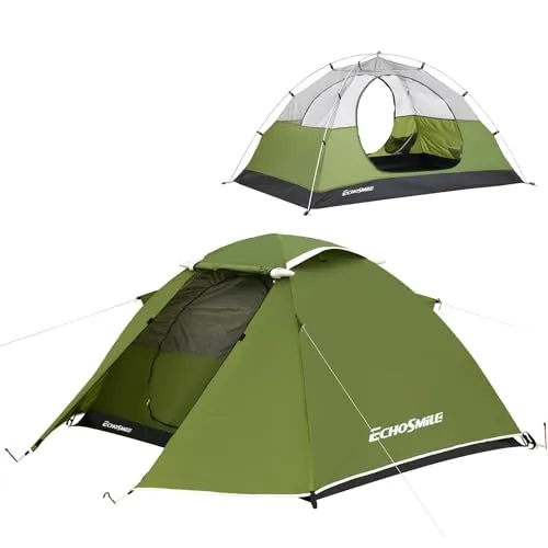 EchoSmile Zelt 2 Personen Wasserdichtes Kuppelzelt, Ultraleicht & Stabil Camping Tent, 3-4 Saison, Double-Layer Zelte mit Mesh-Türen, Tent für Trekking, Festival, Outdoor, Grün