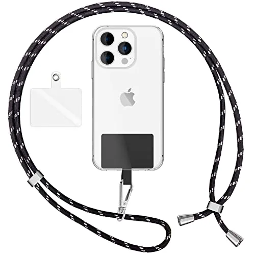 NALIA Bunte Universal-Kette mit Pad, Band für Handy-Hülle zum Umhängen, Karabinerhaken Anhänger Metall, Schlüsselband Umhängeband 160 cm, Crossbody Lanyard mit Schlaufe, Farbe:Schwarz Silber