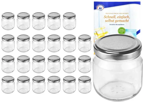 MamboCat Einmachglas 24er Set Rundglas 212 ml nieder To 66 silberner Deckel incl Rezeptheft, Glas