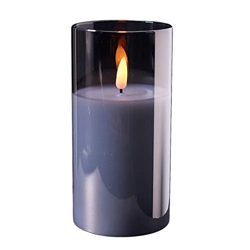 Hochwertige & Edle LED Kerze im Glas - Timer - Realistisch Flackernd - Neuartiges Design (Grau, Höhe: 15cm - Ø 7,5cm)