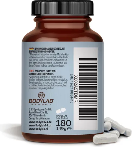 Bodylab24 Magnesium Komplex 180 Kapseln - Magnesiumpräparate mit 219mg reinem Magnesium pro Tagesdosis, unterstützt Energie und Nervenfunktion, ideal für Alltag und Sport.
