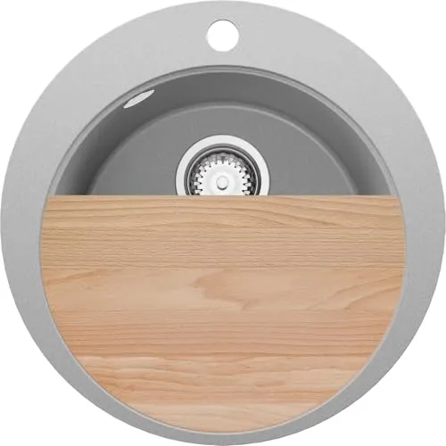 PRIMAGRAN Spülbecken Rund Grau 50x50cm, Granitspüle 1 Becken + Ablauf-Set + Schneidebrett, Küchenspüle ab 45er Unterschrank - Pisa S023