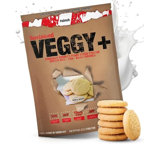 Veggy+ Veganes Proteinpulver (Vanille Biskuit) aus Reis- und Erbsenprotein Pulver mit vegan BCAAs 1 x 900 g Protein Pulver vegan Shake für Veganer Mehrkomponenten Protein Pulver 70 prozent Eiweiss