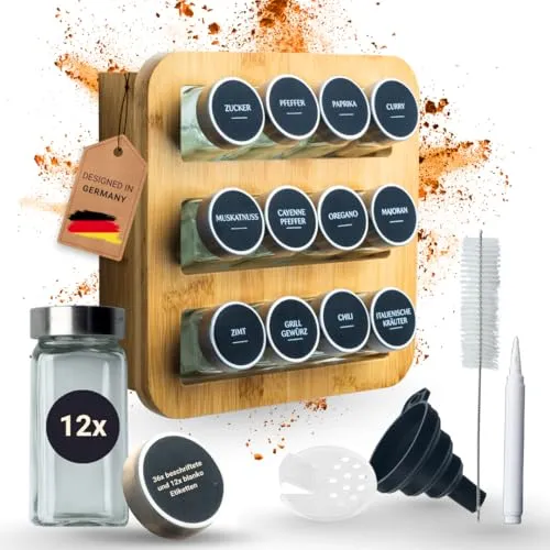 FARISIGN Woody Living Gewürzregal mit Gläser (12 Stück), Gewürzregal aus Holz für die Wand hängend, Gewürz Organizer, Edelstahldeckel, Bambusholz, Montagematerial