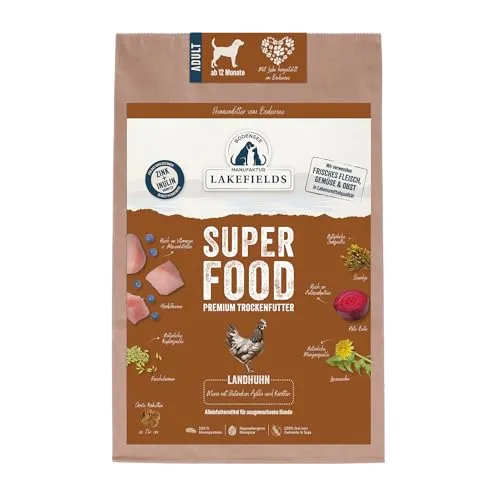Lakefields SUPERFOOD Hundefutter | 61% Huhn | Getreidefreies Trockenfutter - Premium Hundefutter mit 61% frischem Huhn, angereichert mit Superfoods wie Heidelbeeren und Seealgen. Ideal für gesunde Ernährung und starke Abwehrkräfte.